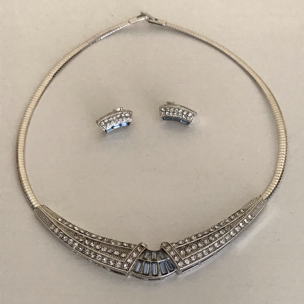 Costume Jewlery Blue and Diamond Rhinestone Necklace and Earrings